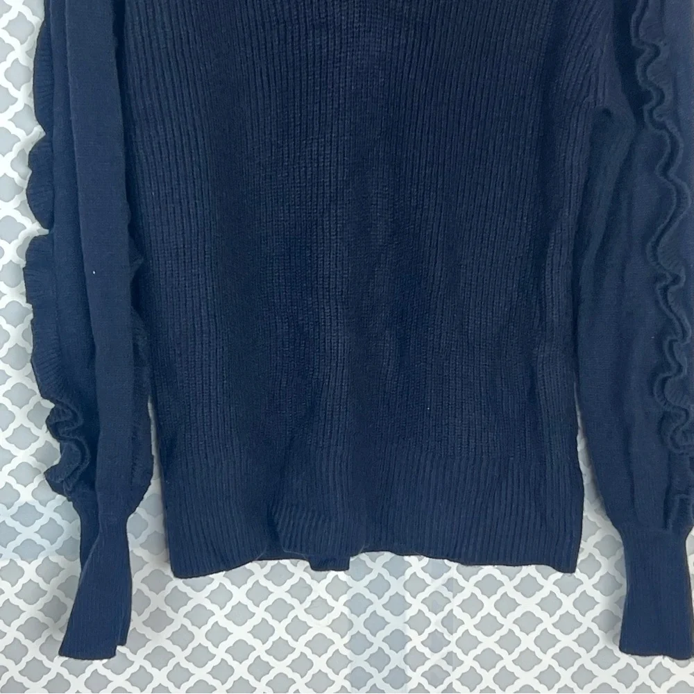 NWT Express Navy V Neck Ruffle Long Sleeve Knot Sweater
